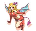  1girl armpits bare_shoulders blonde_hair blush boots breasts butterfly butterfly_hair_ornament cleavage cleavage_cutout demon_girl demon_horns demon_tail demon_wings drill_hair elbow_gloves flying gloves hair_ornament horns lace-trimmed_skirt long_hair metindone navel open_mouth pointing puzzle_&amp;_dragons red_boots red_clothes red_gloves red_skirt sideboob silhouette simple_background skirt smile solo succubus succubus_(p&amp;d) tail violet_eyes white_background wings 