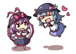  &gt;_&lt; 2girls ascot blue_hair bow chibi closed_eyes food fruit hat hat_ribbon heart hinanawi_tenshi kukku long_hair multiple_girls nagae_iku open_mouth peach purple_hair red_eyes ribbon shawl short_hair simple_background smile sweat tagme touhou white_background 