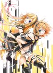  2girls back-to-back bare_shoulders black_legwear blonde_hair blue_eyes boots hair_ornament hairclip headphones kagamine_rin lily_(vocaloid) locked_arms long_hair momomochi multiple_girls navel open_mouth short_hair skirt smile thigh-highs thigh_boots very_long_hair vocaloid 