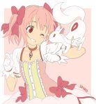  1girl artist_name bow chiro. choker clenched_teeth gloves hair_bow kaname_madoka kyubey magical_girl mahou_shoujo_madoka_magica one_eye_closed pink_background pink_hair red_eyes simple_background white_gloves wink 