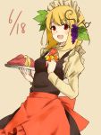  1girl aki_minoriko alternate_headwear apron blonde_hair dated food fruit grapes hair_ornament highres leaf looking_at_viewer maid_headdress nagata_nagato open_mouth red_eyes short_hair simple_background sketch smile solo sweet_potato touhou yellow_background 