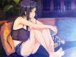  1girl absurdres alcohol bare_shoulders barefoot beer blue_hair blush breast_press breasts can classy_cranberry&#039;s cleavage couch feet food_in_mouth happoubi_jin highres huge_breasts huge_filesize legs light_smile long_hair oze_kyouka pillow short_shorts shorts sitting soles solo thighs toes violet_eyes 