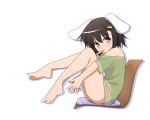  1girl alternate_costume animal_ears barefoot black_hair blush hachi_(chihagura) inaba_tewi looking_at_viewer mouth_hold rabbit_ears red_eyes short_hair simple_background solo touhou white_background 