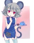  1girl alternate_costume animal_ears blue_legwear chinese_clothes crossover dragon_quest dress finger_to_mouth grey_hair iris_anemone looking_at_viewer mouse_ears mouse_tail nazrin pink_background red_eyes short_hair simple_background sleeveless slime_(dragon_quest) solo tail thigh-highs touhou tray turtleneck zettai_ryouiki 