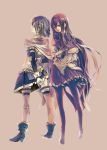  2girls akemi_homura beige_background black_hair blue_eyes blue_hair boots cape ego6 gloves hair_ornament hairband hairclip high_heels long_hair looking_at_another looking_at_viewer looking_back magical_girl mahou_shoujo_madoka_magica miki_sayaka multiple_girls pantyhose pinky_out short_hair simple_background skirt smile thigh-highs violet_eyes white_gloves white_legwear zettai_ryouiki 