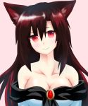  1girl animal_ears bare_shoulders blush breasts brown_hair cleavage collarbone dress highres imaizumi_kagerou jewelry large_breasts long_hair looking_at_viewer nayutaro pink_background red_eyes simple_background smile solo touhou wolf_ears 