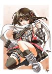  1girl abo_(hechouchou) brown_eyes brown_hair gloves highres kantai_collection personification reverse_grip scarf sendai_(kantai_collection) short_hair skirt solo squatting torpedo twintails 