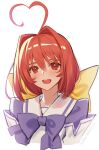  1girl ahoge blue_bow blush bow hair_bow hair_intakes heart_ahoge highres kagami_sumika long_hair looking_at_viewer muvluv open_mouth red_eyes redhead school_uniform siino solo teeth upper_body yellow_bow 