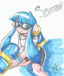  1girl bike_shorts blue_eyes blue_hair flat_chest highres inkling long_hair marker_(medium) nayaase_beleguii pointy_ears smile solo splatoon super_soaker tentacle_hair traditional_media twintails wristband 