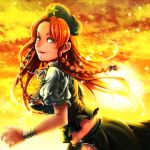  1girl chinese_clothes clouds from_side green_clothes green_eyes hong_meiling large_breasts leaning_forward long_hair looking_at_viewer orange_(color) puffy_short_sleeves puffy_sleeves redhead short_sleeves side_slit skirt skirt_set sky smile solo standing sunset tangzhuang touhou 