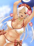  1girl armpits ball beachball bikini breasts cleavage clouds hat highres large_breasts mound_of_venus one_eye_closed open_mouth r44 red_eyes sengoku_collection smile solo sparkle swimsuit takeda_shingen_(sengoku_collection) white_bikini white_hair white_swimsuit wink 