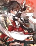  1girl artist_request brown_eyes brown_hair clouds elbow_gloves embers fingerless_gloves gloves kantai_collection looking_at_viewer personification scarf school_uniform sendai_(kantai_collection) serafuku short_hair skirt smile smoke solo torpedo twintails 