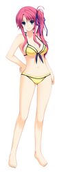  1girl absurdres bikini blue_eyes full_body highres iizuki_tasuku long_hair looking_at_viewer lovely_x_cation pink_hair side_ponytail simple_background smile solo swimsuit yellow_bikini 