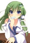  1girl blue_eyes breast_rest breasts chimunge cleavage collarbone detached_sleeves elbow_rest food_in_mouth frog_hair_ornament green_hair hair_ornament hair_tubes head_rest highres kochiya_sanae long_hair looking_at_viewer popsicle simple_background snake_hair_ornament solo table touhou white_background 