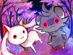  :3 artist_name crossover espurr grass highres kyubey looking_at_another mahou_shoujo_madoka_magica natx-chan no_humans open_mouth pokemon pokemon_(creature) red_eyes star_(sky) tree 