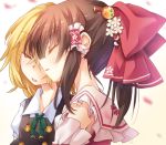  2girls bare_shoulders blush bow brown_hair cherry_blossoms closed_eyes detached_sleeves flower hair_bow hair_flower hair_ornament hair_tubes hakurei_reimu ina_(inadahime) kirisame_marisa multiple_girls open_mouth touhou yuri 