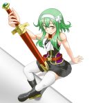  1girl arm_support bare_shoulders between_legs boots character_request clover copyright_request green_hair hairband hakuyou-choun highres long_hair pleated_skirt sitting skirt smile solo sword thigh-highs white_legwear 
