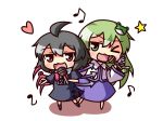  2girls :3 ahoge asymmetrical_wings black_hair chibi frog_hair_ornament green_eyes green_hair hair_ornament heart holding houjuu_nue kochiya_sanae kukku long_hair microphone multiple_girls musical_note one_eye_closed open_mouth red_eyes short_hair simple_background singing smile snake_hair_ornament star touhou white_background wings wink 