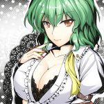  1girl arm_belt black_bra bra breasts cleavage collarbone finger_to_mouth from_side front-tie_top green_hair hand_on_own_chest kazami_yuuka large_breasts lipstick looking_at_viewer makeup red_eyes touhou underwear white_blouse y2 