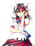  1girl black_hair bow chin_rest directional_arrow dress highres horns kijin_seija looking_at_viewer multicolored_hair orange_eyes papo redhead short_hair short_sleeves solo streaked_hair touhou white_background white_hair 