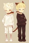  2boys animal_ears axis_powers_hetalia blue_eyes blush boots cat_ears cat_tail child fang german_flag germany_(hetalia) heterochromia male multiple_boys open_mouth prussia_(hetalia) prussian_flag red_eyes ribbon scar short_hair sweater tail tsukiho_(006688) white_hair younger 