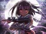  1girl brown_eyes brown_hair bullet_hole erokosei gloves headband highres kantai_collection looking_at_viewer moon personification school_uniform sendai_(kantai_collection) short_hair smile solo torn_clothes translation_request twintails 