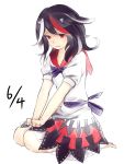  1girl black_hair bow dated dress hands_on_feet highres horns kijin_seija multicolored_hair nagata_nagato red_eyes redhead seiza short_hair short_sleeves simple_background sitting sketch solo streaked_hair tears touhou white_background white_hair 