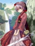  1girl bird blue_sky bowl hat highres japanese_clothes kimono mallet mountain needle obi purple_hair sash shaded_face shope short_hair sky solo sukuna_shinmyoumaru touhou tree violet_eyes water waterfall 