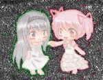  2girls :d akemi_homura barefoot black_hair blush chibi dress hair_ribbon hairband highres kaname_madoka long_hair looking_at_another mahou_shoujo_madoka_magica multiple_girls open_mouth pink_eyes pink_hair ribbon short_hair short_twintails smile twintails violet_eyes white_dress yuri 