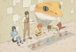  1girl 3boys artist_request barefoot brown_hair clay doll gloves grey_hair hand_on_hip jewelry lizard lying merchandise merchant multiple_boys orange_hair original paper shirtless short_hair sitting surreal 