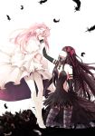  2girls akemi_homura akuma_homura argyle argyle_legwear bare_shoulders black_gloves black_hair bow choker dress elbow_gloves eye_contact feathered_wings ghost_(ghost528) gloves goddess_madoka hair_bow hand_on_another&#039;s_cheek hand_on_another&#039;s_face highres kaname_madoka kneeling long_hair looking_at_another mahou_shoujo_madoka_magica mahou_shoujo_madoka_magica_movie multiple_girls parted_lips pink_hair pink_legwear simple_background smile spoilers standing thigh-highs two_side_up violet_eyes white_background white_gloves wings yellow_eyes yuri zettai_ryouiki 