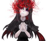  1girl akemi_homura black_hair dress flower funeral_dress hairband hands_clasped long_hair looking_at_viewer mahou_shoujo_madoka_magica mahou_shoujo_madoka_magica_movie simple_background smile solo spider_lily spoilers violet_eyes white_background 