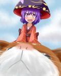  1girl blue_sky bowl cat clouds collarbone hat japanese_clothes kimono long_sleeves mono_(mono60) open_mouth purple_hair riding sash sky smile sukuna_shinmyoumaru touhou violet_eyes wide_sleeves 