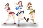  3girls ascot ass blue_panties blush braid brown_eyes brown_hair closed_eyes crop_top hakuyou-choun highres hyoudou_rena idol idolmaster idolmaster_cinderella_girls katagiri_sanae kawashima_mizuki leaning_forward long_hair looking_at_viewer looking_back low_twintails microphone midriff multiple_girls one_eye_closed open_mouth panties pantsu_no_hi pantyshot polka_dot polka_dot_panties ponytail sailor_collar school_uniform serafuku singing skirt skirt_lift standing_on_one_leg striped striped_panties twintails underwear wind_lift 