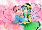  2girls :d gradient gradient_background green_eyes green_hair hands_clasped hat hat_ribbon heart heart_background komeiji_koishi komeiji_satori looking_at_viewer mosho multiple_girls open_mouth pink_eyes pink_hair ribbon short_hair smile third_eye touhou traditional_media 