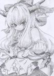  1girl belt bow chain clenched_hands dokumannju graphite_(medium) grey_background greyscale hair_bow highres horn_ribbon horns ibuki_suika long_hair looking_at_viewer low-tied_long_hair monochrome payot pyramid_(geometry) ribbon simple_background sketch skirt sleeveless sleeveless_shirt smile solo touhou traditional_media 
