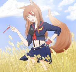  :d animal_ears brown_hair crossover fang highres holo kill_la_kill koshimizu_ami living_clothes long_hair matoi_ryuuko matoi_ryuuko_(cosplay) navel open_mouth otpsqueekz red_eyes scissor_blade seiyuu_connection senketsu single_glove smile spice_and_wolf tail wheat wolf_ears wolf_tail 