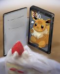  ... against_glass cake cellphone dagashi_(daga2626) drooling eevee food fruit no_humans phone pokemon pokemon_(creature) pokemon_(game) smartphone smile strawberry 