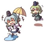  &gt;_&lt; 2girls :d chibi closed_eyes flying_sweatdrops ghost_tail green_eyes green_hair hat holding japanese_clothes kariginu kukku mononobe_no_futo multiple_girls open_mouth ponytail short_hair silver_hair smile soga_no_tojiko tate_eboshi touhou umbrella water xd 