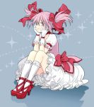  1girl bubble_skirt choker gloves hair_ribbon kaname_madoka kneehighs magical_girl mahou_shoujo_madoka_magica pink_eyes pink_hair ribbon saji_(meirou) short_twintails sittting smile solo twintails white_legwear 