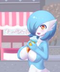  1girl alternate_color bangs blush breasts cleavage food gardevoir hair_over_one_eye heart heart-shaped_pupils highres holding ice_cream jcdr large_breasts no_humans open_mouth orange_eyes pokemon shiny_pokemon smile solo star symbol-shaped_pupils 
