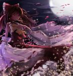  1girl ascot bow brown_hair clouds detached_sleeves full_moon glowing glowing_eyes hair_bow hakurei_reimu highres light_particles long_hair looking_away midriff moon mouth_hold navel night ofuda outdoors red_eyes sarashi solo touhou ye_(heroyexin) 