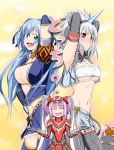  3girls armpits arms_up azul_(armor) blush breasts cleavage hermitaur_(armor) highres kirin_(armor) midriff monster_hunter multiple_girls mun open_mouth smile thighhighs underboob 