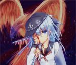  1girl bird blood blood_on_face bust covering_one_eye hat hibiki_(kantai_collection) highres kantai_collection long_hair looking_at_viewer machinery neckerchief phoenix school_uniform serafuku shuu_hibame silver_hair solo torn_clothes 