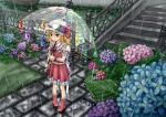  1girl asymmetrical_hair blonde_hair boots bridge brown_eyes dress dtvisu flandre_scarlet flower grass hat hat_flower hat_ribbon hydrangea laevatein mob_cap puffy_short_sleeves puffy_sleeves rain red_dress ribbon rubber_boots sash shirt short_sleeves side_ponytail solo stairs touhou umbrella water wrist_cuffs 