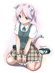  1girl animal_ears blouse cat_ears cat_tail character_name fatkewell green_eyes plaid plaid_skirt sharon_catiey short_hair sitting skirt tail wariza wristband younger 