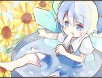  1girl barefoot baron_(x5qgeh) bathing blue_dress blue_eyes blue_hair bow bucket cirno dress flower hair_bow ice ice_wings in_bucket in_container open_mouth popsicle puffy_short_sleeves puffy_sleeves shirt short_sleeves solo sunflower touhou water wings 