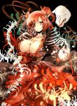  1girl blood blood_on_face bloody_dress bloody_tears breasts cleavage coin collarbone dark_persona dress flower hair_bobbles hair_ornament large_breasts looking_at_viewer no_bra onozuka_komachi red_dress red_eyes redhead sash shigureru skeleton smile solo spider_lily touhou two_side_up 