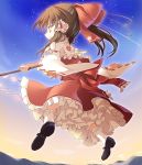  1girl ascot blue_sky bow brown_hair detached_sleeves ears expressionless facing_away flying frilled_legwear frilled_skirt frills from_below gohei hair_bow hair_tubes hakurei_reimu highres ina_(inadahime) mary_janes mountain payot ponytail red_eyes shoes short_hair skirt skirt_set sky socks solo star_(sky) starry_sky touhou twilight 