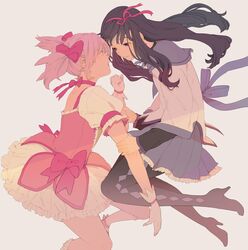  2girls akemi_homura arm_garter arm_grab bare_legs black_hair black_legwear bow choker dress earrings gloves hair_bow hairband high_heels highres jewelry kaname_madoka long_hair looking_at_another magical_girl mahou_shoujo_madoka_magica matatatatabi multiple_girls open_mouth pantyhose petticoat pink_dress pleated_skirt profile puffy_short_sleeves puffy_sleeves purple_skirt ribbon_choker school_uniform serafuku short_hair short_sleeves side simple_background skirt tears twintails white_gloves 